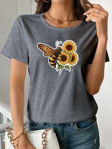 Suave, transpirable y ligera para comodidad durante todo el día. Camiseta casual para mujer con diseño de abeja y girasol, lavable a máquina, adecuada para cualquier temporada, fácil de usar a diario, ropa a la moda, ajustada y cómoda, material transpirable, top moderno para mujer. Cuello redondo clásico con un corte relajado que favorece todas las formas del cuerpo y fácil de combinar con jeans, shorts y leggings. - Blanco - Ver 10