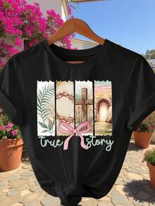 Nueva Llegada de Verano: Camiseta Casual de Cuello Redondo con Estampado de Letras y Dibujos Animados - Negro - Ver 2