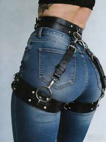 1pc Sexy Garter Belt PU Leather Restraint Strap Gothic Lingerie Body Waist Belt Thigh High Stockings Suspender Leg Restraint - 粉色 - 查看 1