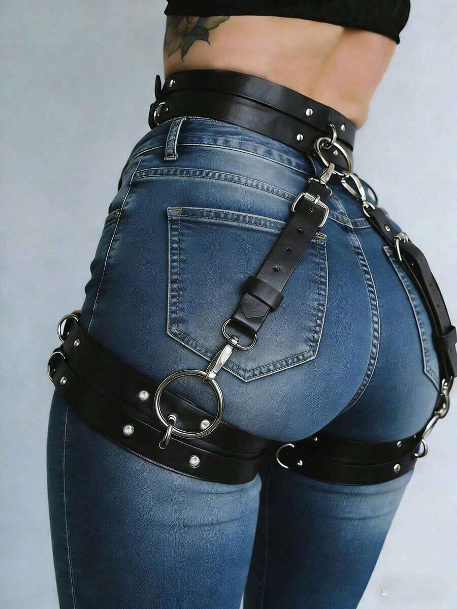 1pc Sexy Garter Belt PU Leather Restraint Strap Gothic Lingerie Body Waist Belt Thigh High Stockings Suspender Leg Restraint - 粉色 - 查看 1