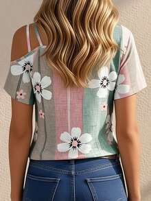 Camiseta de mujer de estilo europeo y americano, elegante y casual, con estampado floral de rayas de colores, de manga corta.Diseño sexy de tirantes con estampado todo sobre, adecuada para todas las estaciones. - Blanco - Ver 2