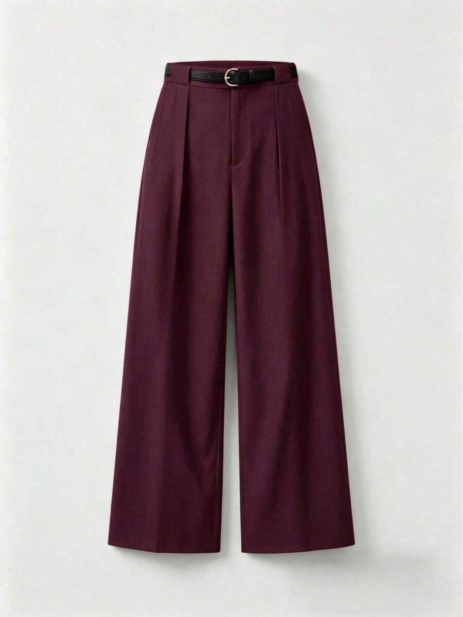 Pantalones rectos de cintura media de unicolor elegante con cinturón, negro, primavera - Burdeos - Ver 1
