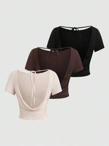 Camiseta casual de mujer de unicolor con hombro asimétrico, manga corta y plisada - Multicolor - Ver 12