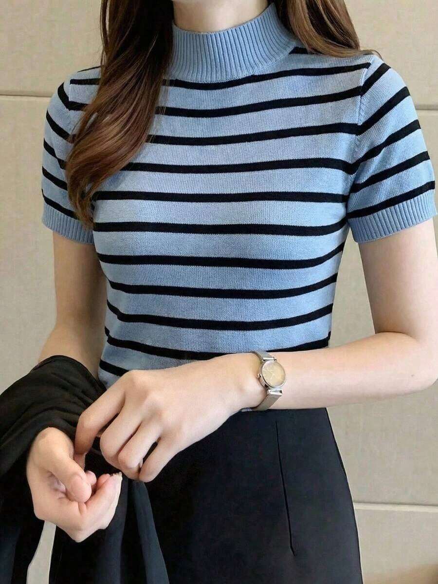 Suéter ajustado de punto de cuello alto medio, unicolor, de manga corta, para otoño e invierno, para mujer - verde menta - Ver 1