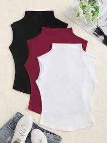 Camiseta sin mangas casual de mujer con cuello de pie - Multicolor 17 - Ver 7