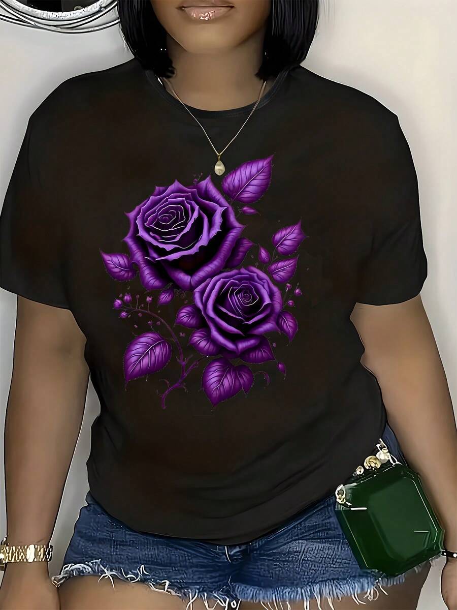 Camiseta casual de manga corta para mujer de talla grande con estampado geométrico de rosas - Tejido de punto, mezcla de poliéster, cuello redondo, estilo pullover, colección primavera/verano - Negro - Ver 1