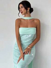 Vestido elegante sin tirantes con lentejuelas y cintas fluidas, adecuado para vacaciones, fiestas, ocasiones formales, temporada de regreso a clases, festivales de música, temporada de graduación, todo el año - Verde - Ver 4