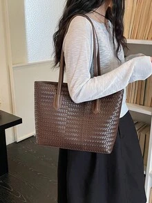 女款棕色編織皮革托特包，大容量復古肩背包，適合日常通勤 - 咖啡棕 - 查看 3