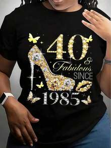 TrendyCamiseta Gráfica De Cumpleaños De Mujer 1985 - Diseño 40 Y Fabulosa Desde , Cuello Redondo Casual De Manga Corta, Poliéster Ligero, Perfecta Para Celebraciones De Primavera Y Verano, Camisetas D Summer Clothes,Graphic TeesEveryday Wear - Negro - Ver 6