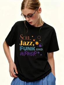 Camiseta de gran tamaño para mujer de 180g con estampado de Jazz, Funk y-Hop, camiseta casual de manga corta, top de verano de corte holgado, adecuada para reuniones familiares y regalos de building, moda de  2024 - Camiseta unisex de algodón holgada de manga corta y cuello redondo estilo vintage urbano. - Negro - Ver 1