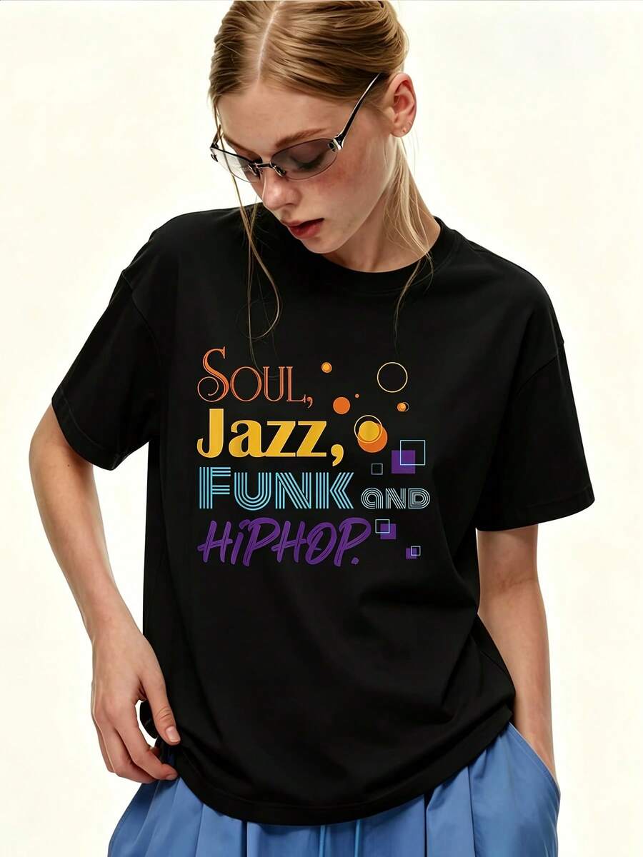 Camiseta de gran tamaño para mujer de 180g con estampado de Jazz, Funk y-Hop, camiseta casual de manga corta, top de verano de corte holgado, adecuada para reuniones familiares y regalos de building, moda de 2024 - Camiseta unisex de algodón holgada de manga corta y cuello redondo estilo vintage urbano. - Negro - Ver 1