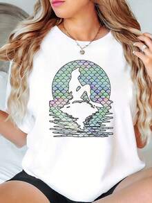 1 camiseta de cuello redondo con estampado de hadas marinas, camiseta de cuello redondo estampada a la moda, camiseta de manga corta para primavera/verano, top de mujer 180g 100% algodón. - Blanco - Ver 12