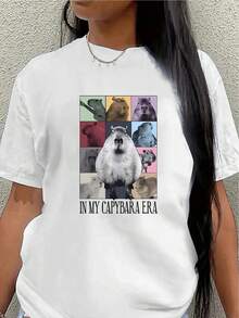 Camiseta de manga corta de poliéster con estampado de capibara, ligera y duradera, adecuada para el hogar, la oficina o para uso casual al aire libre. Diseño divertido con estampado de animales, que combina comodidad diaria y moda. - Blanco - Ver 7