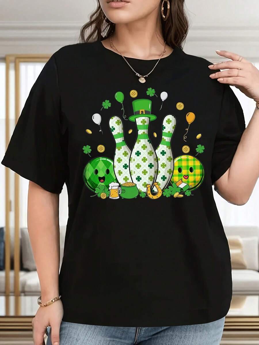 Size - Women's Size T-Shirt For St. Patrick's Day - Bowling Green, Irish Outfit - Machine Washable Casual T-Shirt, Suitable For Parades, Pub Crawls, Irish Festivals - Special Gift For Women's Festivals, Women's Bowling T-Shirt, Pub Crawl Outfit - Unisex Short Sleeve T-Shirt, Crew Neck, Loose Cotton, Vintage Urban Style - 黑色 - 查看 1