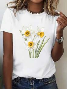 Women's Loose Fit T-Shirt - Casual White Blouse For Everyday Wear With Floral Design, Breathable And Comfortable, Suitable For Home And Outings - Unisex Vintage Urban Style Cotton T-Shirt, Short Sleeve And Round Neck - 白色 - 查看 2