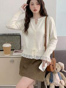 JIANHU Cream Yellow Drawstring Knit Cardigan - Autumn/Winter Round Neck Button Lace Ruffle Hem Cardigan, Comfortable Casual And Christmas Party, Warm And Versatile, Suitable For Christmas, New Year Party And Daily Wear - White - View 10