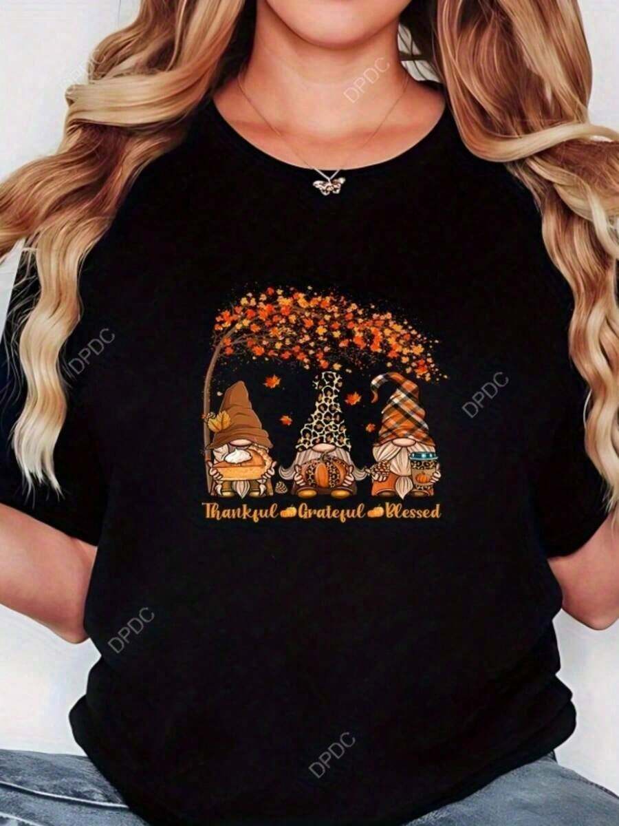 Alegre camiseta gráfica de otoño con gnomos festivos, diseño agradecido y bendecido perfecto para celebraciones, estilo moderno y casual para mujeres jóvenes y adultas, disponible en varias tallas y colores, moda femenina, de temporada. - Negro - Ver 1