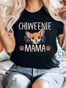 Camiseta Casual 100% Algodón con Estampado de Chiweenie para Mamá, Amante de Perros y Cachorros, Cuello Redondo, para Verano, Camiseta de Manga Corta Suave para Mujer, Camiseta Elegante y Cómoda con Estampado Gráfico para Mujer - Negro - Ver 6