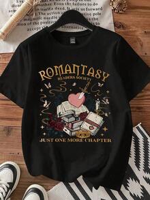 Romantasy Readers Society T-Shirt With A Print Of Books, Hearts, Roses, And A Crown, Featuring The Phrase "Just One More Chapter." A Literary-Themed Shirt For Book Lovers, Book Club Events, And Casual Wear. Women's Casual Blouse - 黑色 - 查看 4