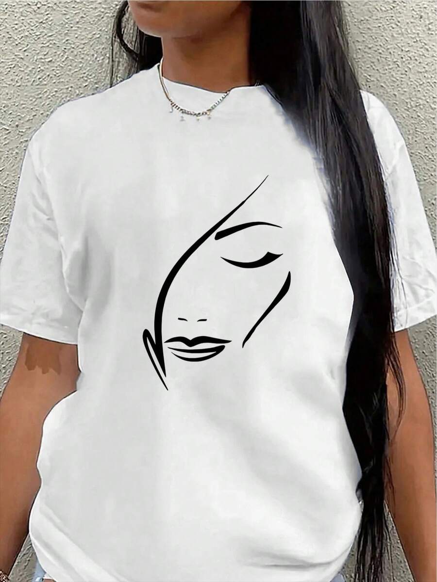 Lightweight And Durable Short-Sleeved T-Shirt With An Abstract Face Design, Perfect For Home, Restaurants, Or Outdoor Leisure Activities. Women's Casual Blouse - 白色 - 查看 1