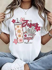Camiseta con Diseño Floral "Jesús Llena Mi Copa" y Versículo Bíblico Salmo 23:5 para Atuendos Casuales y Deportivos - Estilo Urbano Vintage Unisex, Camiseta de Manga Corta de Algodón 100% Algodón - Blanco - Ver 7