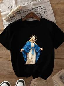 Una camiseta de manga corta para mujer, moderna, a la moda, retro, casual y holgada, adecuada para actividades al aire libre en primavera y verano, con diseño estampado.|Estilo unisex, tela cómoda de 220 g de peso, corte holgado informal, adecuado para uso diario, regalo para Pascua y el Día de la Madre, camiseta de temática religiosa, cuello redondo, manga corta, longitud regular.blusas para mujer,blusas casuales para dama,tops,, mujer premium,y2k,playeras de mujer curvy,ofertas y liquidaciones ropa mujer,playeras deportivas para mujer,,playeras de hombre, mujer,blusas>elegante UUNM - Negro - Ver 1