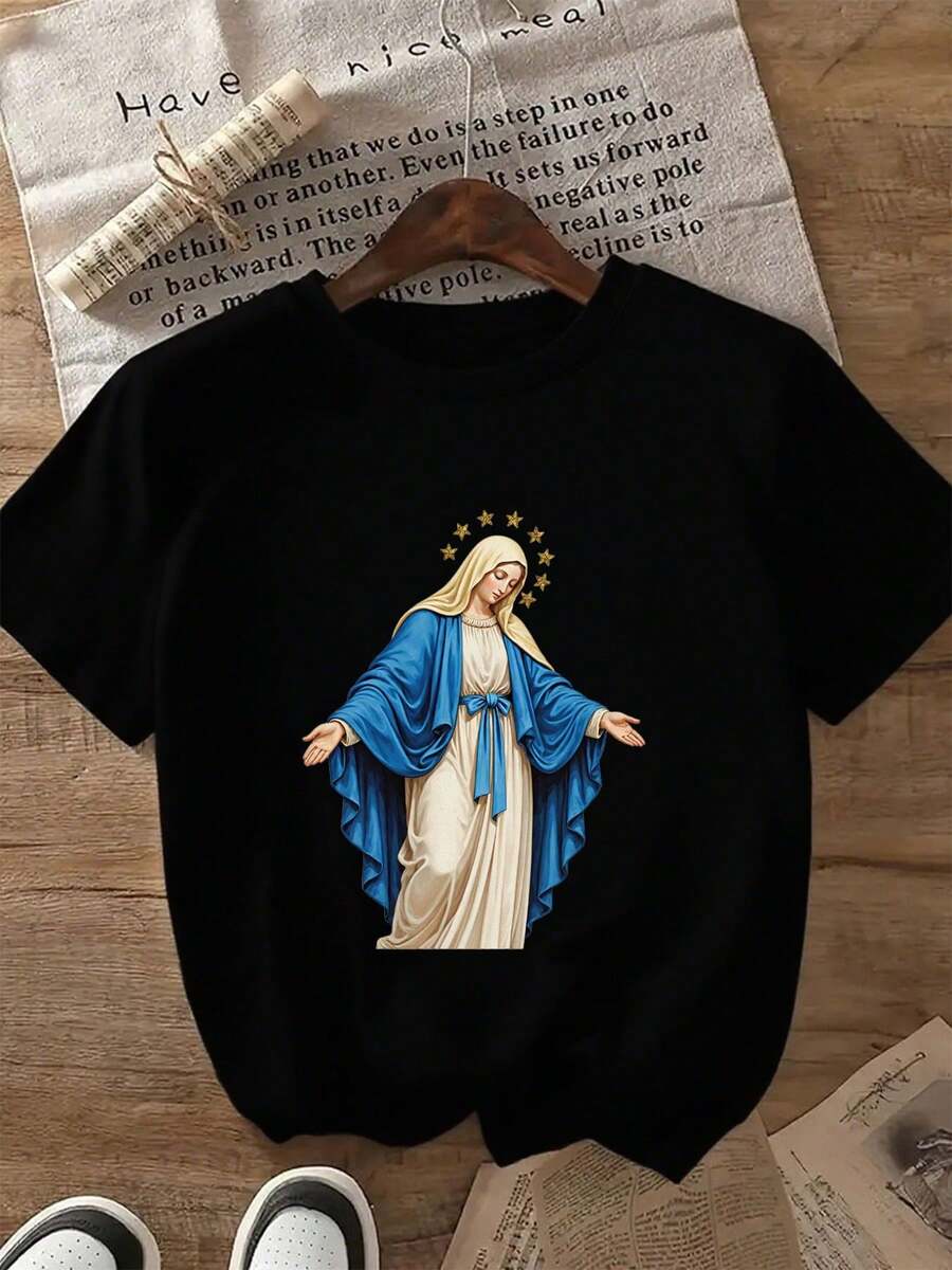 Una camiseta de manga corta para mujer, moderna, a la moda, retro, casual y holgada, adecuada para actividades al aire libre en primavera y verano, con diseño estampado.|Estilo unisex, tela cómoda de 220 g de peso, corte holgado informal, adecuado para uso diario, regalo para Pascua y el Día de la Madre, camiseta de temática religiosa, cuello redondo, manga corta, longitud regular.blusas para mujer,blusas casuales para dama,tops,, mujer premium,y2k,playeras de mujer curvy,ofertas y liquidaciones ropa mujer,playeras deportivas para mujer,,playeras de hombre, mujer,blusas>elegante UUNM - Negro - Ver 1