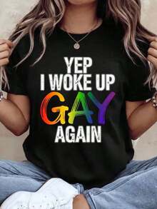 Sí, me volví a despertar gay, camiseta arcoíris del Orgullo para el Festival del Orgullo LGBTQ+ y uso diario, top casual unisex con diseño de texto gay colorido, 220g - Camiseta unisex de manga corta, cuello redondo, de algodón suelto, estilo vintage urbano, 100% algodón. - Negro - Ver 7