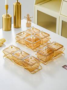 1 pieza Caja de almacenamiento de aperitivos con múltiples compartimentos y tapas transparentes, organizador de plástico ámbar PS para dulces, frutos secos con estante dorado para la cocina, mesa de comedor y barra de café - ámbar - Ver 1