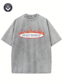 Camiseta Vintage con Estampado Creativo "Espíritu Santo" para Hombre y Mujer, Algodón Puro de 250g, Camiseta Lavada, Camiseta de Hombros Caídos, Camiseta Vintage Urbana para Hombre, Camiseta Básica, Camiseta Holgada Unisex Estilo Hip-Hop, Camiseta Vintage Lavada. - Gris Claro - Ver 1