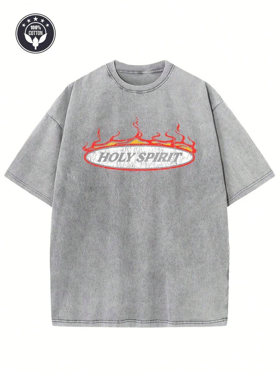 Camiseta Vintage con Estampado Creativo "Espíritu Santo" para Hombre y Mujer, Algodón Puro de 250g, Camiseta Lavada, Camiseta de Hombros Caídos, Camiseta Vintage Urbana para Hombre, Camiseta Básica, Camiseta Holgada Unisex Estilo Hip-Hop, Camiseta Vintage Lavada. - Gris Claro - Ver 1