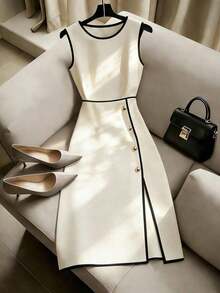 Vestido decorativo de bloque de color negro y blanco de diseño de nicho de alta gama francés, versátil y sexy para mujeres, vestido de fiesta elegante, atuendo de resort para mujeres, atuendo del Día de San Valentín para mujeres, vestido blanco y negro para mujeres, vestido de primavera/verano, atuendo de playa, vestido de bloque de color para mujeres - Blanco y Negro - Ver 3