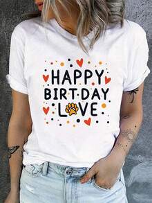 Camiseta de Algodón Oversize para Mujer 2026, Camiseta con Estampado de Letras "Feliz Cumpleaños" y Cuello Redondo, Camiseta Casual de Manga Corta para Primavera/Verano, Camiseta de Manga Corta Cómoda y Sencilla para Uso Diario. - Blanco - Ver 1
