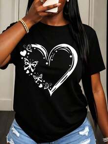 Camiseta Casual de Mujer con Estampado de Corazón y Mariposa, Top de Verano para Uso Diario - Negro - Ver 6
