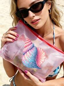 Multi-Color Waterproof Fashion Mesh Beach Bag, Featuring Vibrant "Shell" Pattern Design, This Beach-Themed Cosmetic Bag Has Large Capacity, Transparent Design, Equipped With Nylon Zipper. - Multicolor - View 7