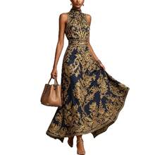 Ornate Baroque Print Sleeveless High Neck Maxi Dress, Waistband Detail, A-Line Silhouette, Formal Occasion Wear, Evening Party, Wedding Guest, Elegant, , Fashion - 藏青色 - 查看 4