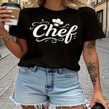 Camiseta de chef cómoda con fuente cursiva, ajuste cómodo, ropa de mujer PureFashion, camiseta de manga corta para mujer que combina con todo, estilo básico para uso interior y exterior. - Negro - Ver 6