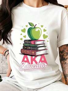 Women's Cotton T-Shirts Aka Educator, Teacher T-Shirt With Apple And Book Design For Teachers And Educators, School Gift Idea For Teacher's Day >Clothing - White - View 1