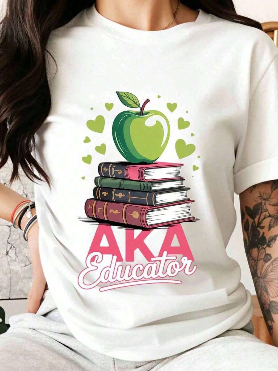 Women's Cotton T-Shirts Aka Educator, Teacher T-Shirt With Apple And Book Design For Teachers And Educators, School Gift Idea For Teacher's Day >Clothing - White - View 1