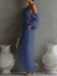 Vestido Largo Primavera Hombro Asimétrico Holgado Estilo Vacaciones Estiloso Delgado Estilo Europeo Elegante para Mujer - Azul - Ver 2
