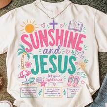 1 pieza de camiseta de mujer para primavera/verano: Estampados de sol y Jesús, playa de verano y lago, cuello redondo, manga corta, 180g, 100% algodón. - Blanco - Ver 2
