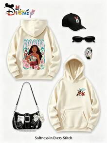 Disney Princess Series Y2K Printed Sweatshirt "MOANA" - Fun Theme Print Oversized Top, Casual And Versatile, Perfect For Holiday Gifts (Women's Autumn/Winter Clothing/Elegant Women's Outfits/Patterned Hoodies/Printed Tops/Casual Outfits For Women/Women Trending Now/Holiday Co-Ord/Plus Size Friendly) - Apricot - View 1