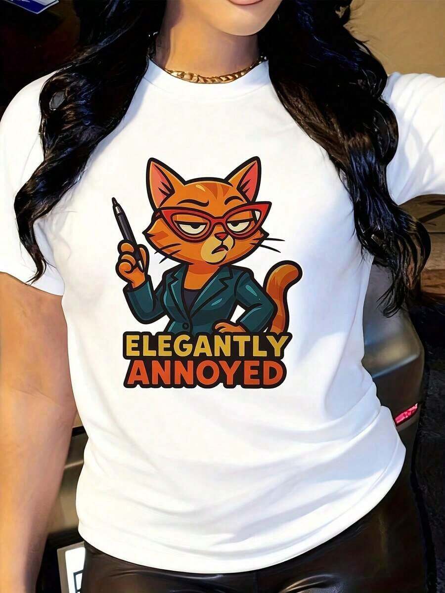 Camiseta Divertida de Gato para Mujer - Diseño Elegante y Enojado del Gato, Tela Suave, Manga Corta, Cuello Redondo, Top Cómodo de Verano con Estampado Animal Divertido, Ropa Casual, Diseño Humorístico, Ajuste Cómodo Adecuado como regalo. playera de mujer. blusas>elegantes. boho chic,Top de mujer suave, transpirable y cómodo, ideal para primavera, verano y otoño, perfecto para vacaciones, viajes y uso diario. - Blanco - Ver 1