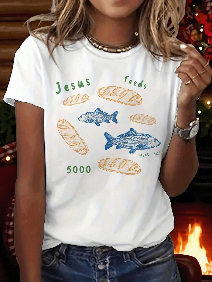 Camiseta Premium5000 con Estampado de Mateo 14:19 | Camiseta casual de manga corta y cuello redondo, adecuada para verano y primavera, ropa de mujer, ecológica. - Blanco - Ver 1