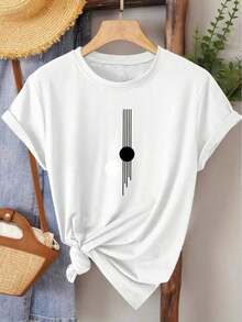 Women's Casual T-Shirt With Abstract Geometric Print, Breathable And Comfortable, Short Sleeve, Round Neck, Minimalist Black And White Design, Soft Cotton, Perfect For Everyday Wear And Modern Urban Style - 白色 - 查看 5