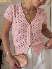 Blusa de punto de verano casual y elegante para mujer Just Masa, con escote en V, volantes en las mangas cortas, botones en la cintura y elástico, de estilo minimalista y dulce, adecuada para viajes, vacaciones, ir al trabajo, la playa, citas y uso diario, en color blanco - Rosa - Ver 7