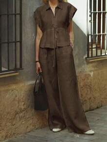 Conjunto informal de verano de 2 piezas de algodón de unicolor elegante para mujer Just Masa, incluye blusa holgada de manga corta con cuello vuelto y pantalones de pierna ancha con cintura elástica, adecuado para vacaciones, viajes, ir al trabajo, citas, playa y uso diario - Marrón - Ver 7