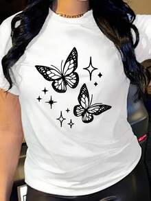 Camiseta Casual para Mujer 2026 con Estampado de Mariposas y Estrellas - Blanca con Gráficos Negros, Cuello Redondo, Manga Corta, Top de Primavera y Verano, Lavable a Máquina, Ligera y Transpirable, Camiseta de Mariposas - Blanco - Ver 7