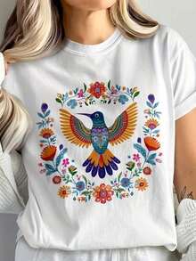 Camiseta Casual Minimalista Azul con Estampado de Flores Silvestres Vintage, Estética Botánica de Cottagre, Estilo Pastel Natural, Top de Moda para Mujer - Blanco - Ver 6