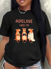 Camiseta de manga corta de poliéster para mujer, con un adorable diseño de hámster que le encanta a Adeline, es ligera y duradera, adecuada para uso casual en casa o en restaurantes, con colores y estilos cómodos. - Negro - Ver 7